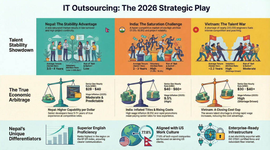 Infographics showing the comparative analysis of India, Nepal and Vietnam for IT outsourcing in 2026