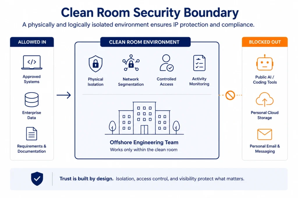 Conceptual security boundary showing a clean room offshore development environment where approved systems are allowed and unapproved AI coding tools are blocked.