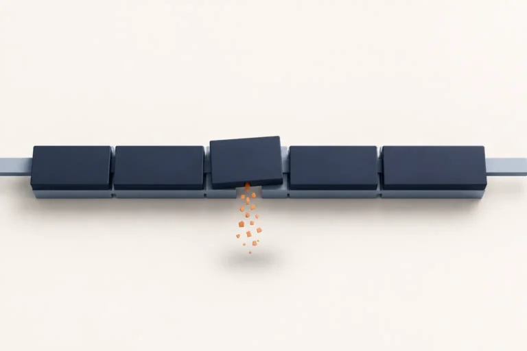 Abstract software delivery flow made of dark modular blocks, with one misaligned section releasing small orange fragments to symbolize hidden financial waste in engineering delivery.