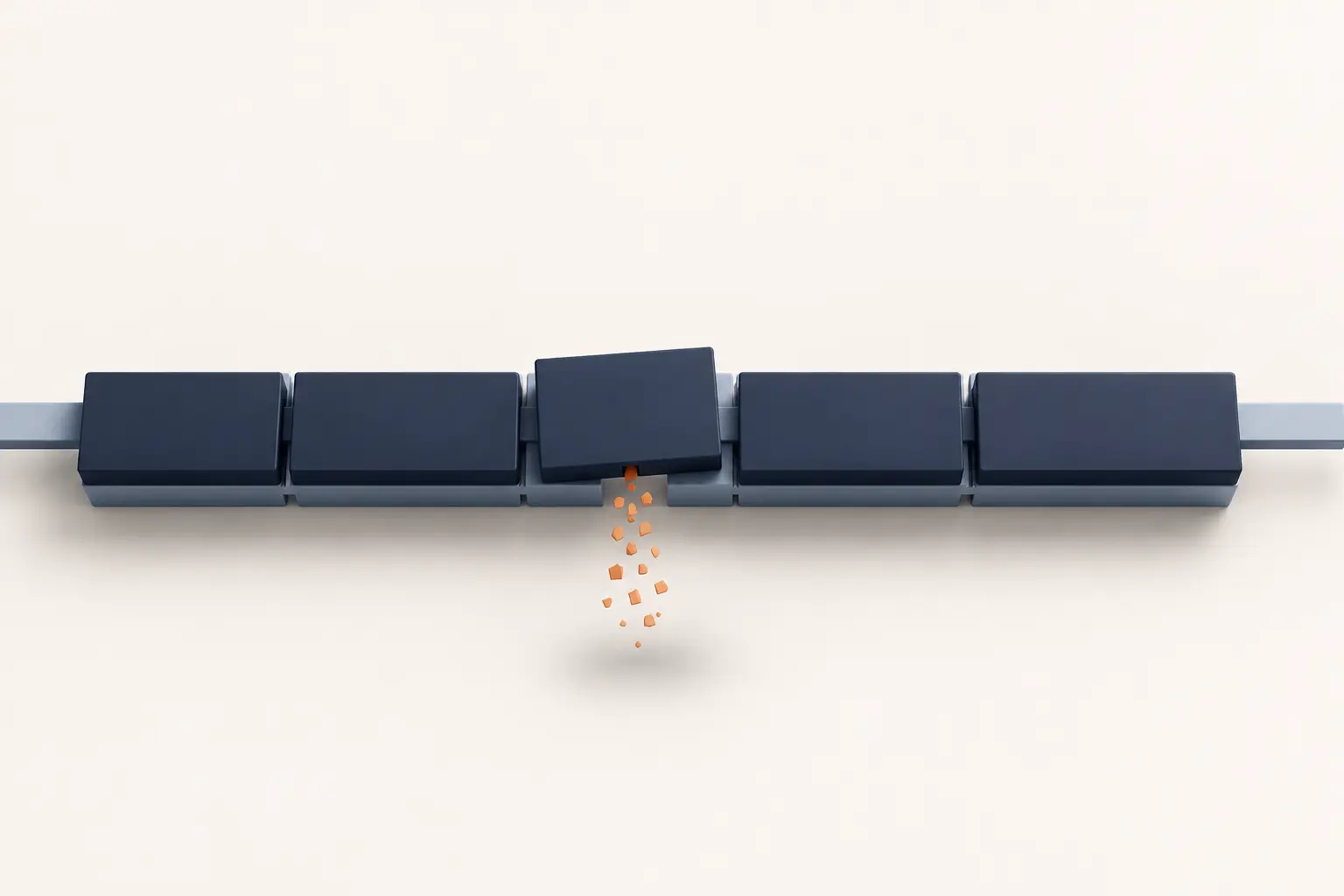 Abstract software delivery flow made of dark modular blocks, with one misaligned section releasing small orange fragments to symbolize hidden financial waste in engineering delivery.
