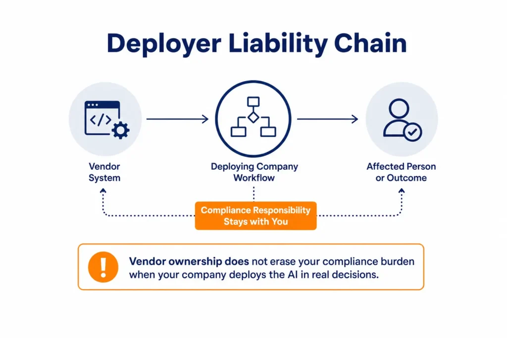 Simple chain diagram connecting a third-party AI vendor to a company workflow and then to an affected person, showing that deployer liability remains with the company using the system.