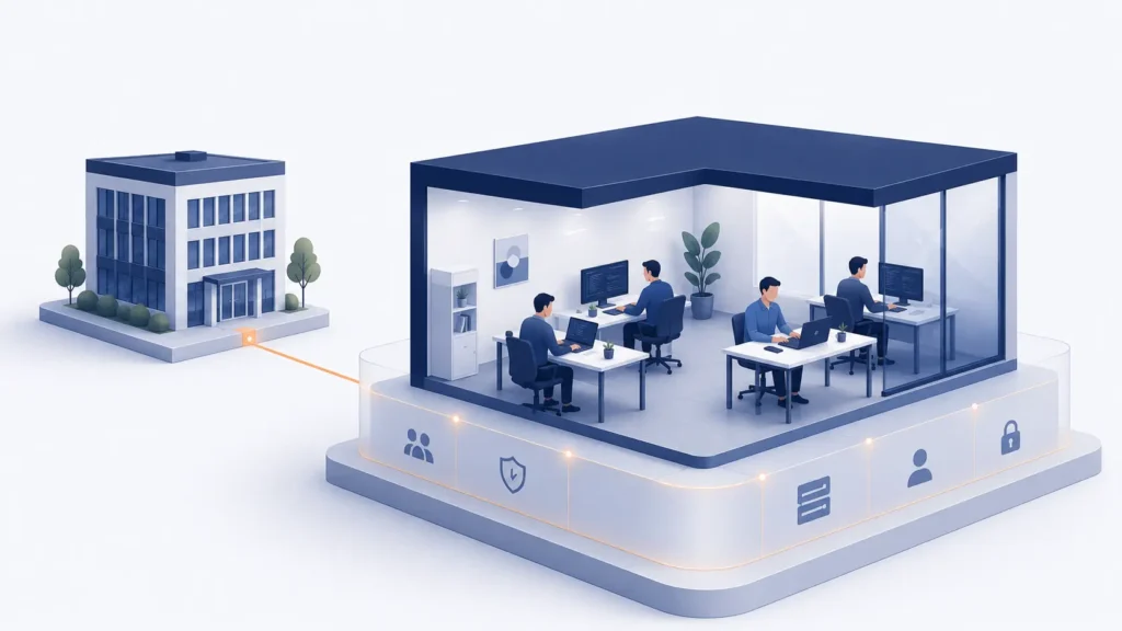 Offshore engineering office connected to a parent company with partner-supported operations.