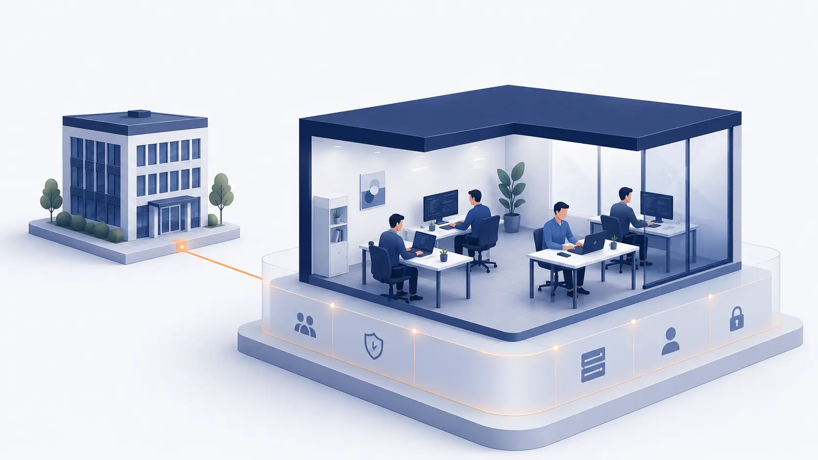 Offshore engineering office connected to a parent company with partner-supported operations.