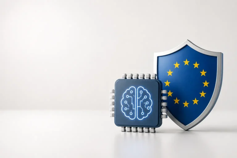 Minimalist 3D illustration of an AI microchip with a glowing neural circuit symbol placed in front of a blue European Union shield on a clean light background, representing AI regulation, compliance, and digital governance in Europe.