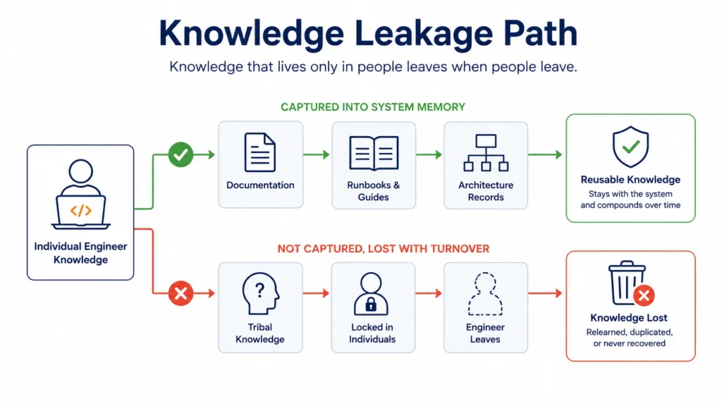 Conceptual flow showing institutional knowledge either being captured into documentation systems or lost when offshore engineers leave the team.