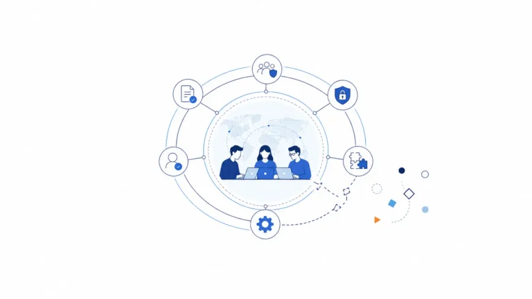 Minimal vector illustration of an offshore engineering team working inside a connected operating system, with governance, security, documentation, operations, and integration layers shown as surrounding nodes, plus a fragmented section showing what breaks when the system is incomplete.