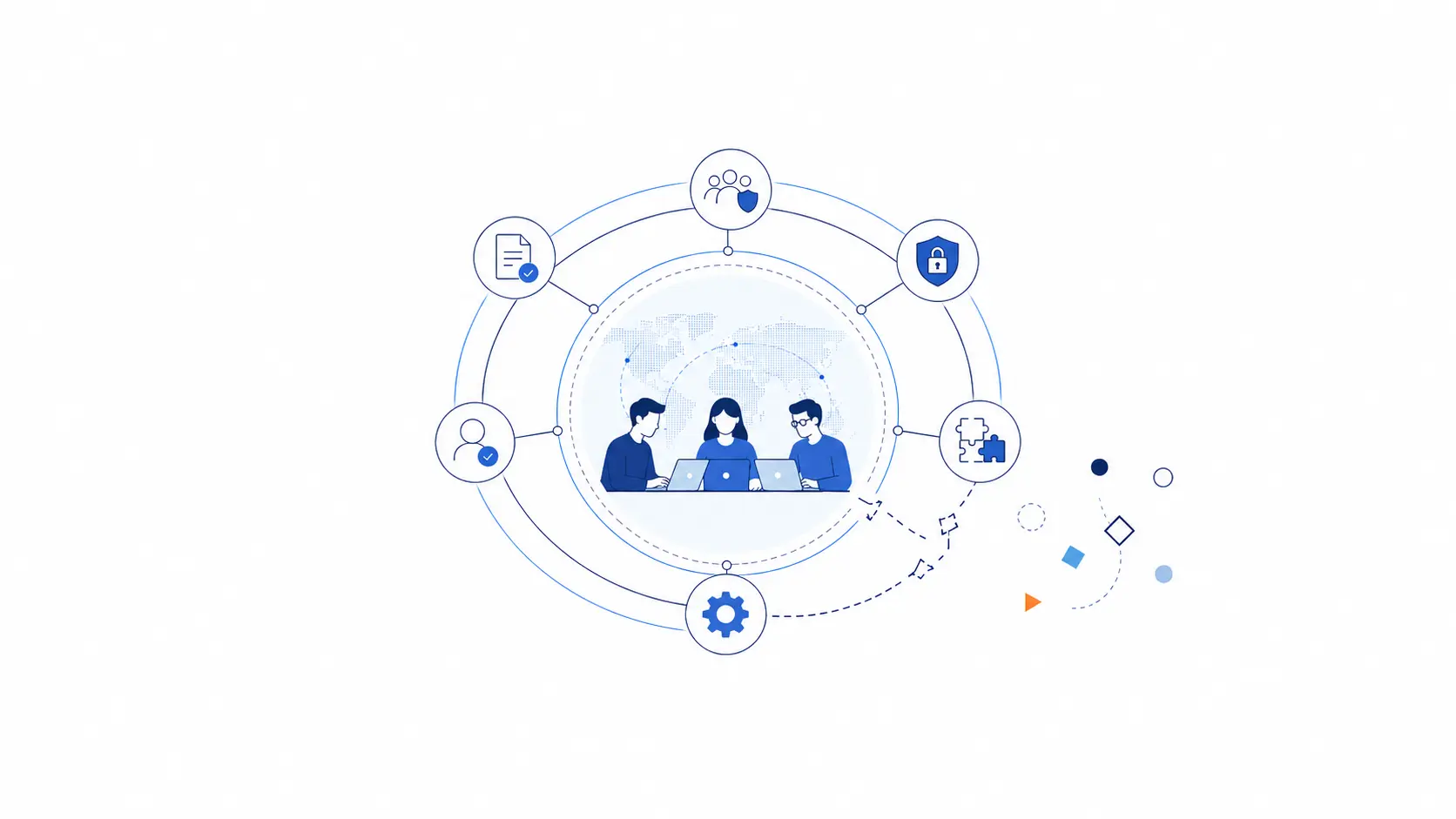 Minimal vector illustration of an offshore engineering team working inside a connected operating system, with governance, security, documentation, operations, and integration layers shown as surrounding nodes, plus a fragmented section showing what breaks when the system is incomplete.