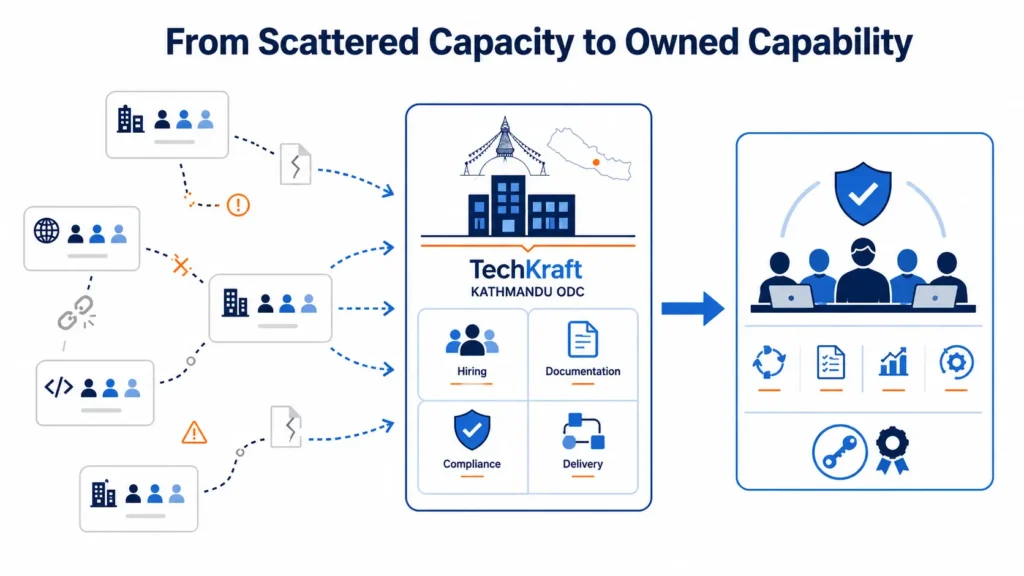 Transformation visual showing a company moving from fragmented offshore vendors to a unified HIPAA-compliant offshore development center in Nepal.