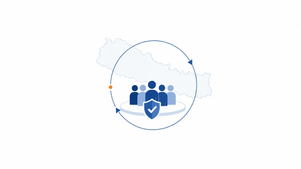 Abstract visual of a stable Nepal-based engineering team protected by a shield and surrounded by a continuity loop, representing retention, trust, and BOT-ready offshore capability.
