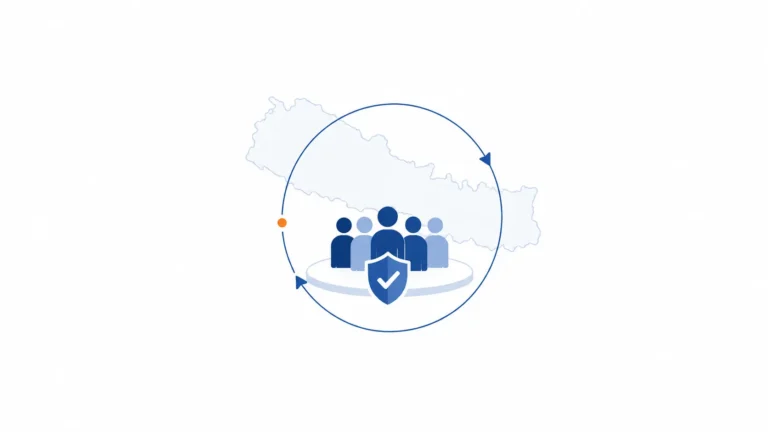 Abstract visual of a stable Nepal-based engineering team protected by a shield and surrounded by a continuity loop, representing retention, trust, and BOT-ready offshore capability.